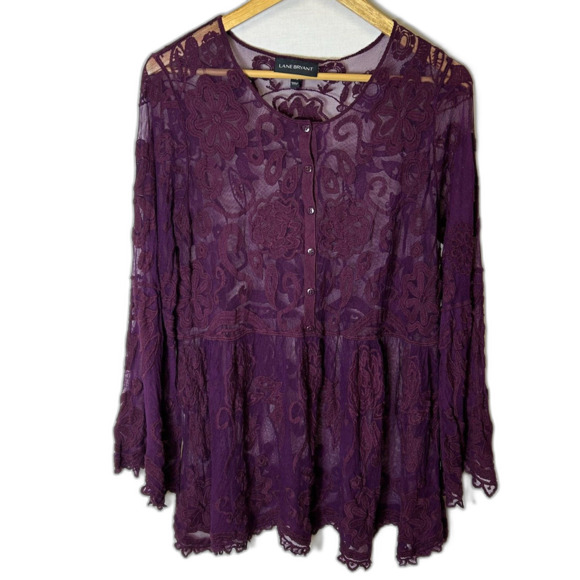 Lane Bryant Burgundy Sheer Embroidered Lace Babydoll Peplum LS Top Size 14/16 - Picture 3 of 13